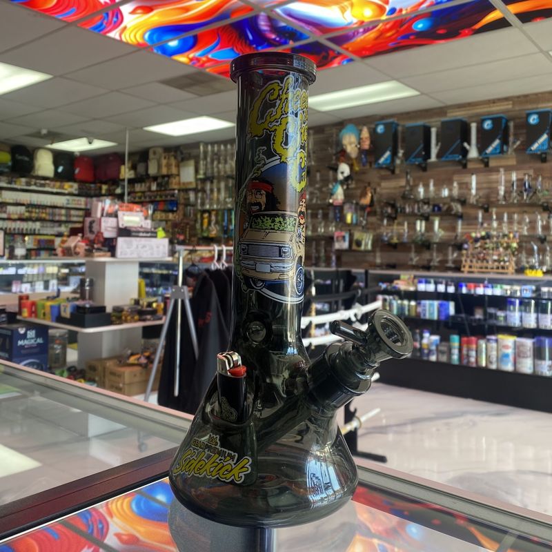 A glass piece on the counter under the painted ceiling